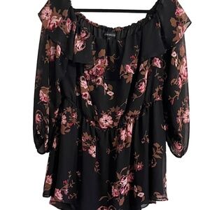 Lane Bryant Floral Top 14 Black Off Shoulder Ruffle Boho Western Classic Preppy